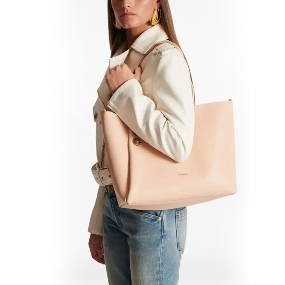 Balmain Embleme Medium Leather Shoulder Bag – Taupe - Picture 7 of 13